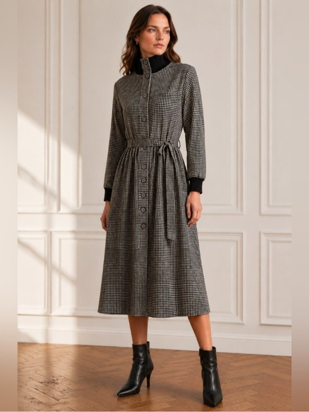Vintage Bogner Virgin Wool Houndstooth Midi Shirt Dress US 10 Short